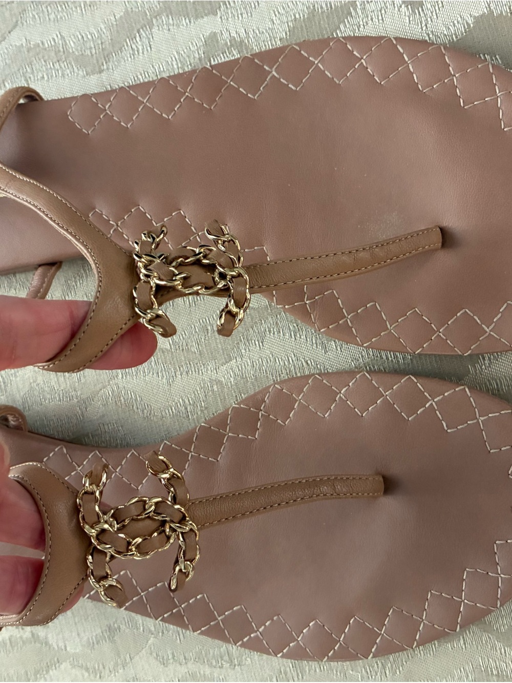 Womens Beige Chanel Chain-Accent Thong Sandals with new sole protector.
